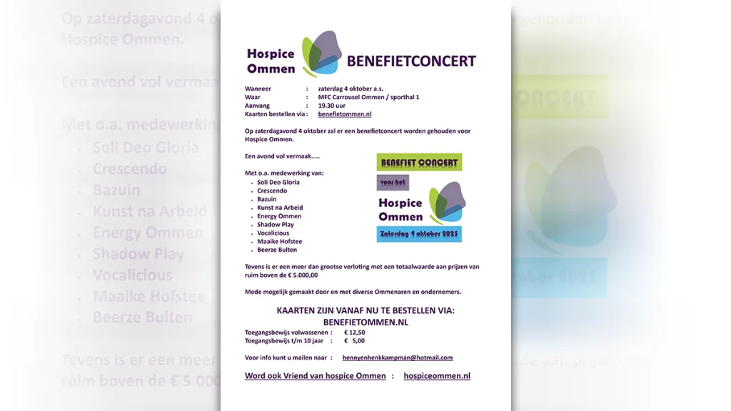 Benefietconcert Hospice Ommen op 4 oktober in MFC Carrousel